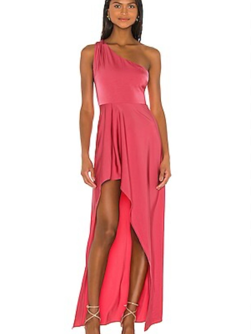 NBD Coral One-Shoulder High-Slit Maxi Dress
